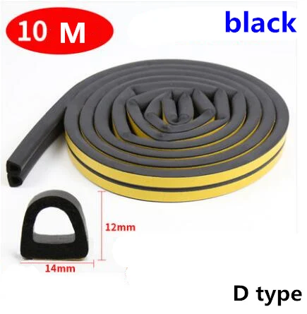 Black Extra Large D 10 м/рулон самоклеящаяся дверная уплотнительная полоса резиновая Погодная полоса ветрозащитная Звукоизоляционная оконная уплотнительная лента аксессуары для оборудования - Цвет: Black Extra Large D