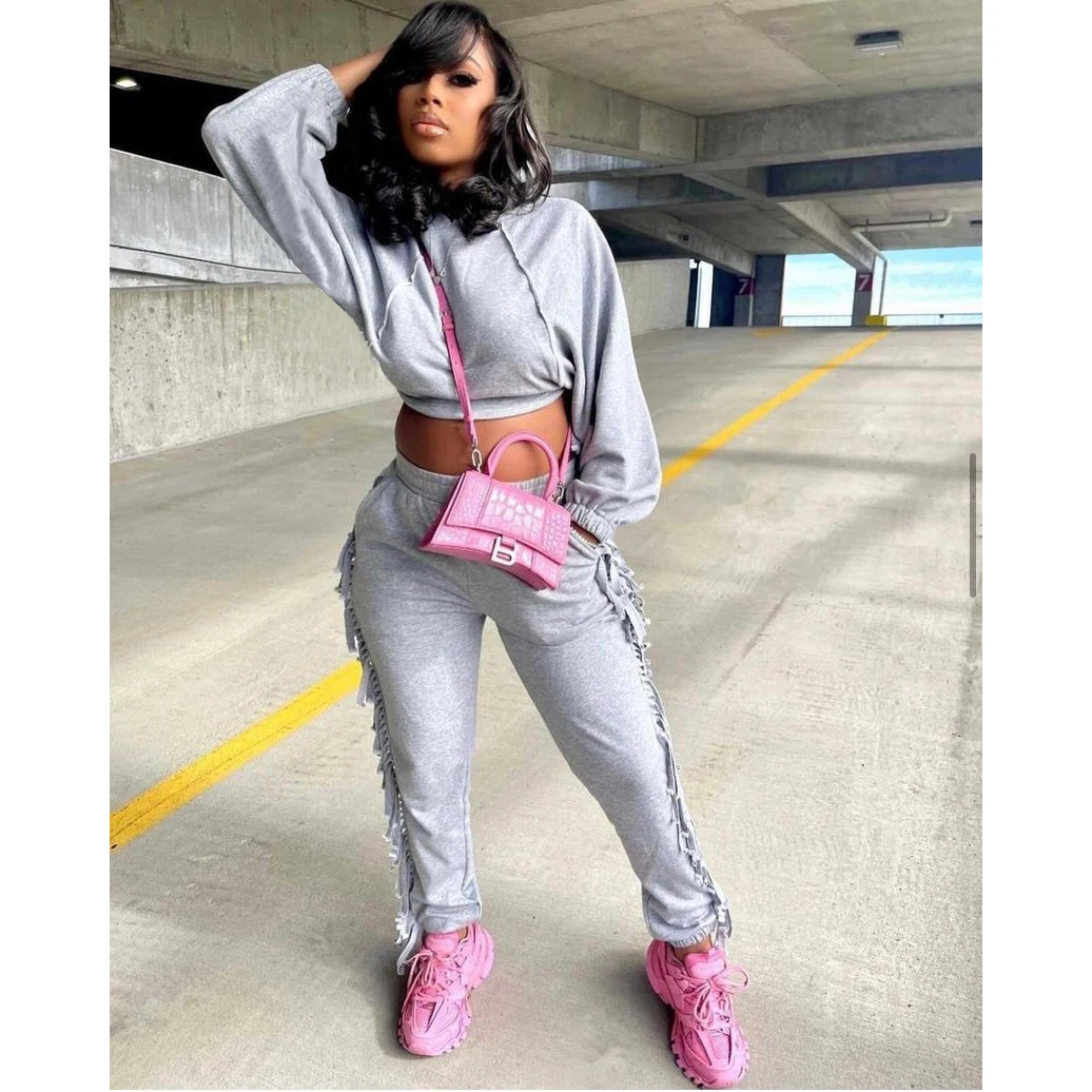 

2021 Autumn 2 Piece Set Women Cropped Hoodie + Tassel Sweatpants Bodycon Sports Jogger Matching Sets Lounge Wear Outfits