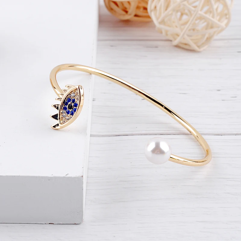 Trendy Blue Rhinestone Eye Imitation Pearl Cuff Bracelet Female New Alloy Open Bangle Indian Jewelry