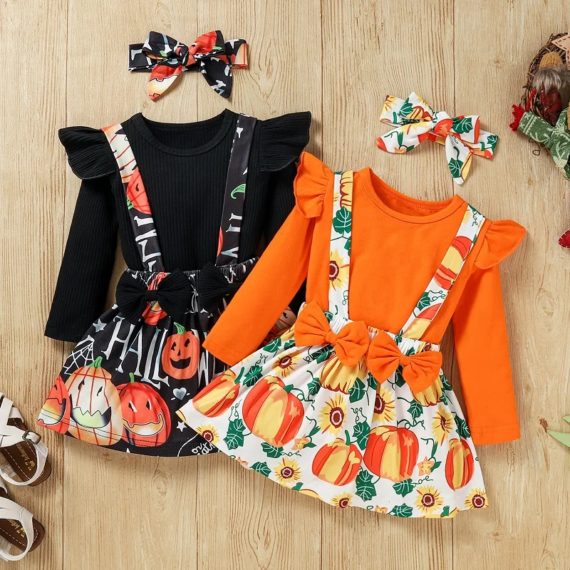 

0-3Y Newborn Baby Girl Long Sleeve Cotton T-shirt Tops Pumkin Print Bow Suspender Skirt Headband 3PCS Holiday Clothing Set