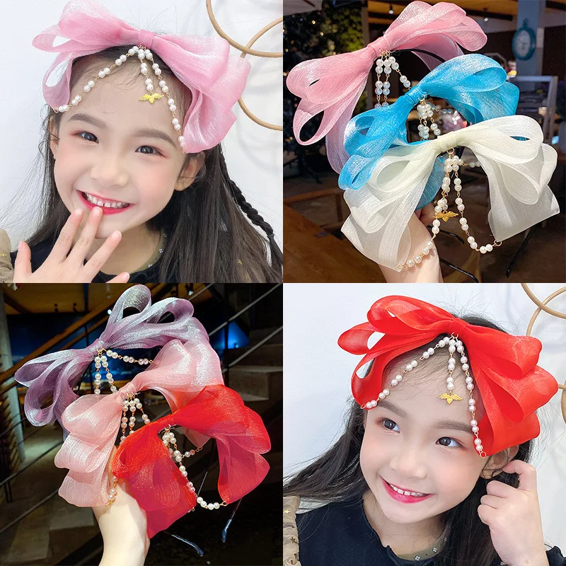 

2021 New Girls Cute Chiffon Big Bow Forehead Pearls Chain Hairbands Kids Sweet Hair Ornament Headband Fashion Hair Accessories