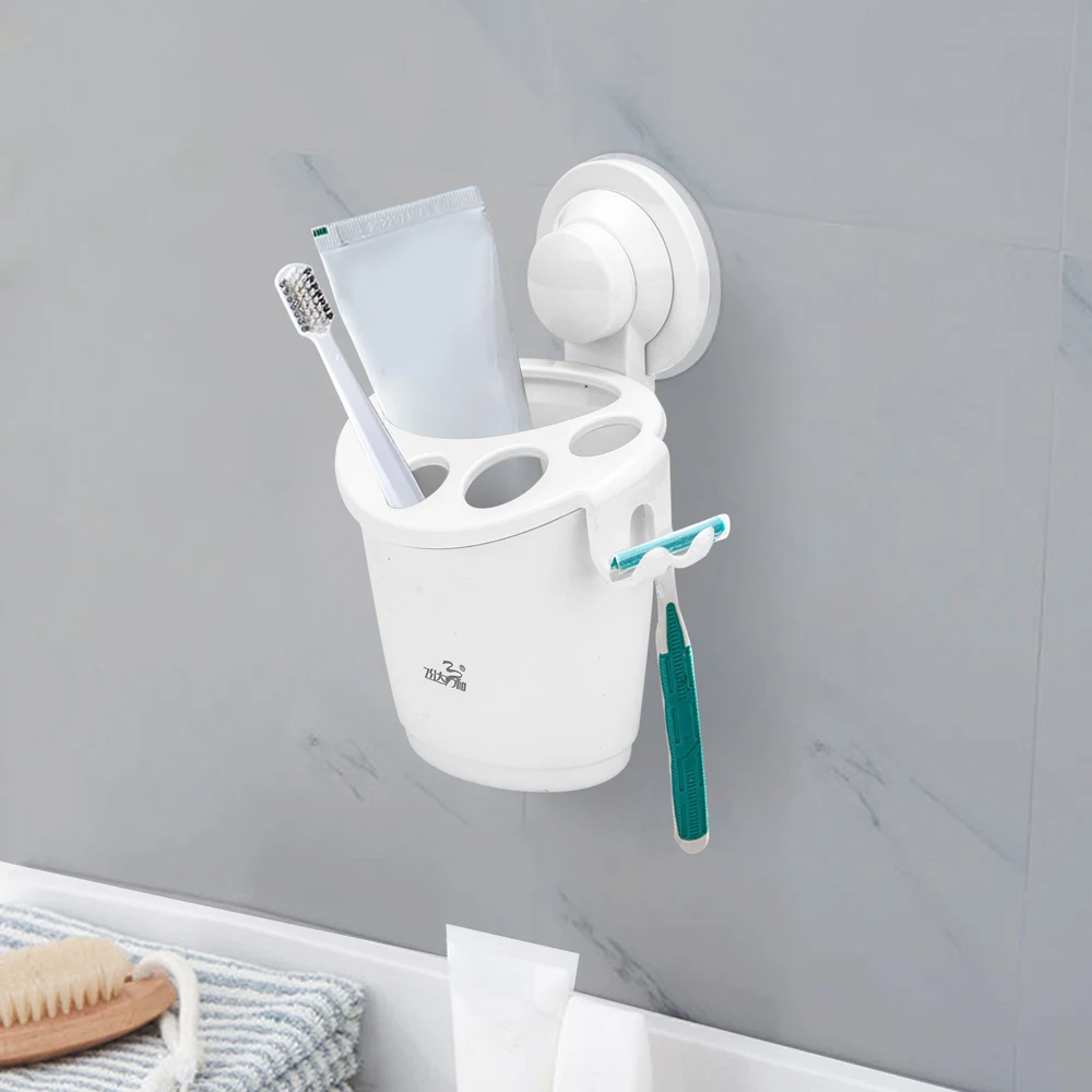 

Toothbrush Stand Rack Organizer Wall-Mounted Punch-free Tooth Brush Barrel with Suction Cup Household Bathroom Accessories