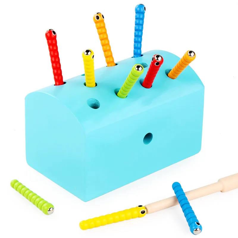 

Montessori Catch Worms Game Magnetic Hands Brain Training Wooden Gift Early Educational Learning Wooden Blocks Toys for children