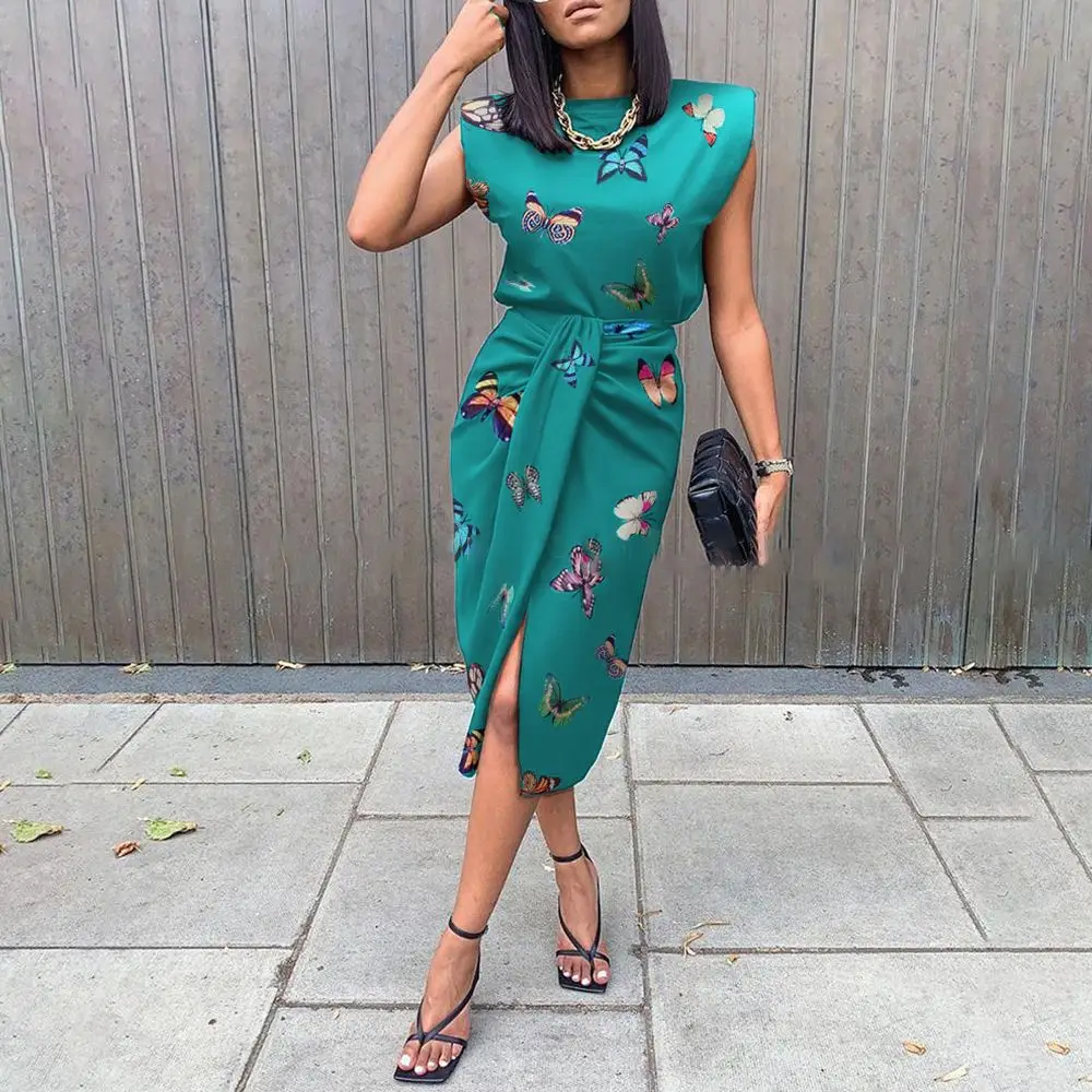 

2021 Summer Women's Temperament Commuter Butterfly Printed Straight Gunny Slim Waist Twisted High Split Mid-length Dress