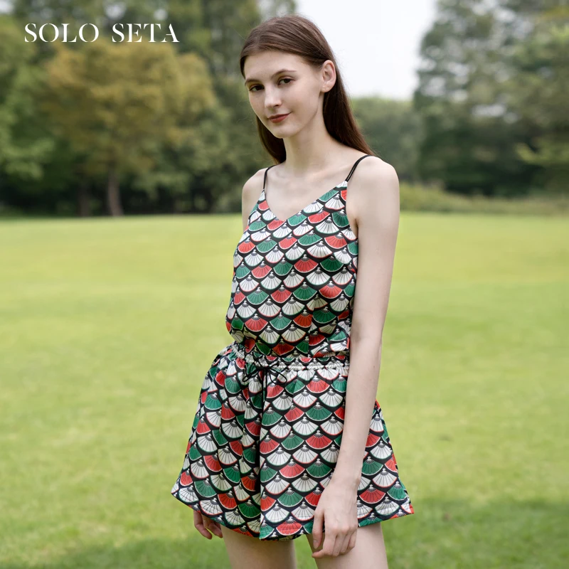 

★Soloseta wear fashion silk pajamas two piece set 100% silk suspender shorts women's home wear