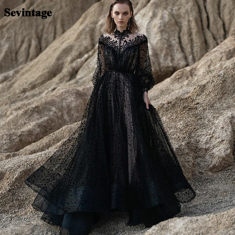 

Sevintage Black Lace Appliques Dotted Tulle Prom Dress Long Sleeves High Neck Evening Dresses Formal A-Line Party Gowns Fashions