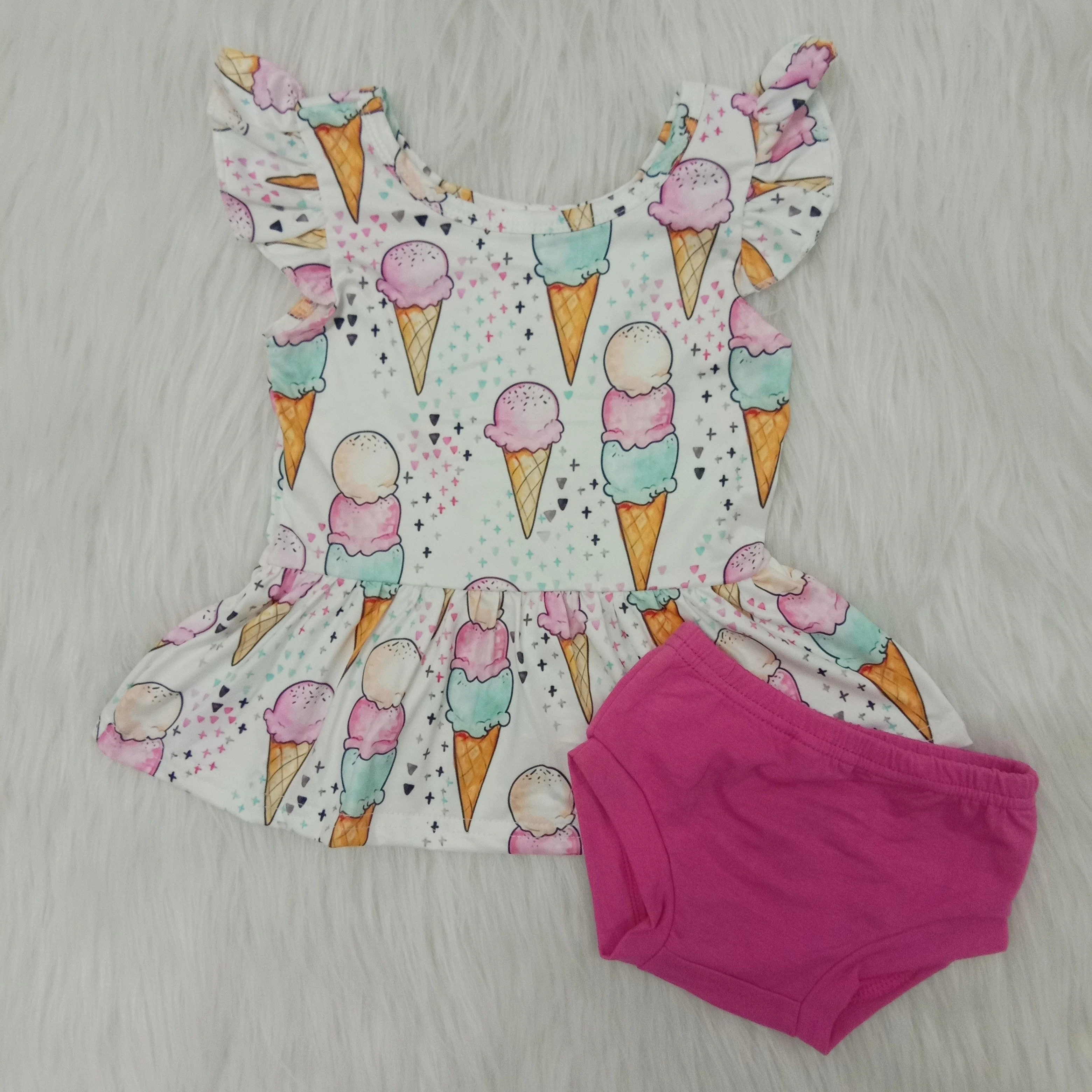 

Children's summer female baby suit small flying sleeves round neck ice cream printing rose red cotton shorts