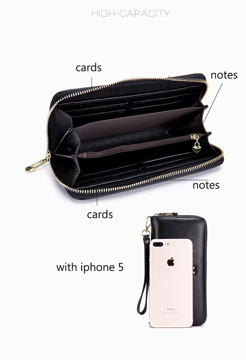 Women clutch bag leather wallet female long zipper clutch bag top layer cowhide portable large capacity paper clip new