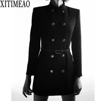za new women retro style wool blends coat autumn winter fashion elegant slim black woolen outerwear female with belt