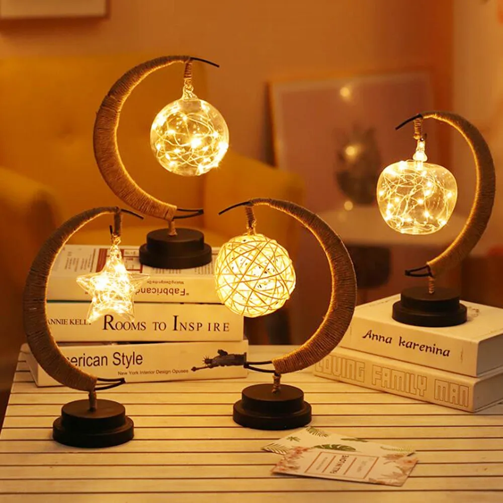 

USB/Battery Powered Handmade Hemp Rope Wrought Iron Night Light Led Stars / Moon / Sepak takraw Christmas Light Room light Gift