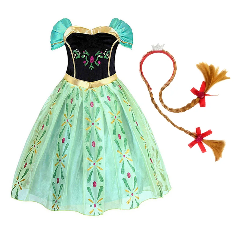 Dress and W02 Платье принцессы Анны, Эльзы, Эльзы для девочек; Детский костюм с париком, короной; детское платье Снежной Королевы на Хэллоуин, день рождения, вечеринку; маскарадный костюм; нарядное платье - Цвет: Dress and W02