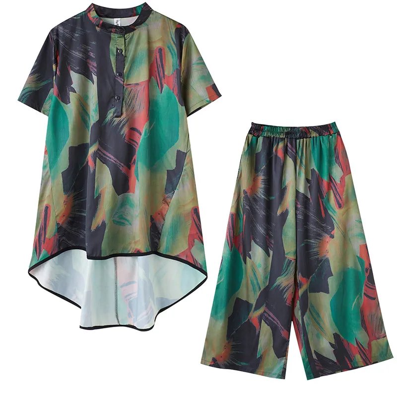 

Summer Plus Size Chiffon Fashion Suit Printed Loose Two-piece Set Women Stand-up Pullover Blouse+Elastic Waist Nine-point Pants