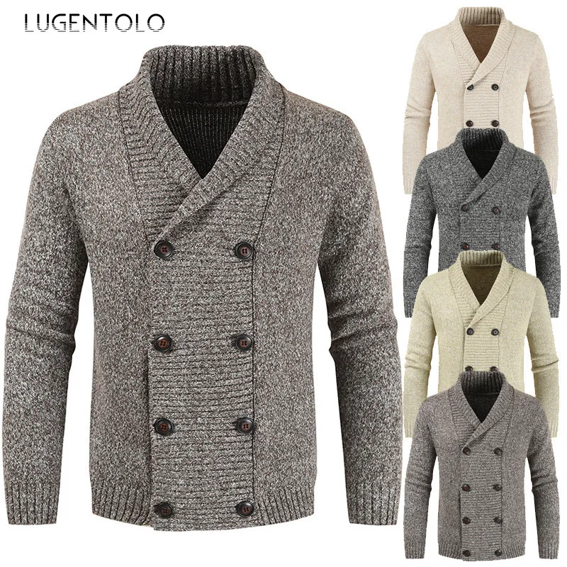 

Cardigan Sweater Men Fashon Autumn Winter Double Breasted Solid Youth Men's Casual Loose Long Sleeve Sweaters Lugentolo