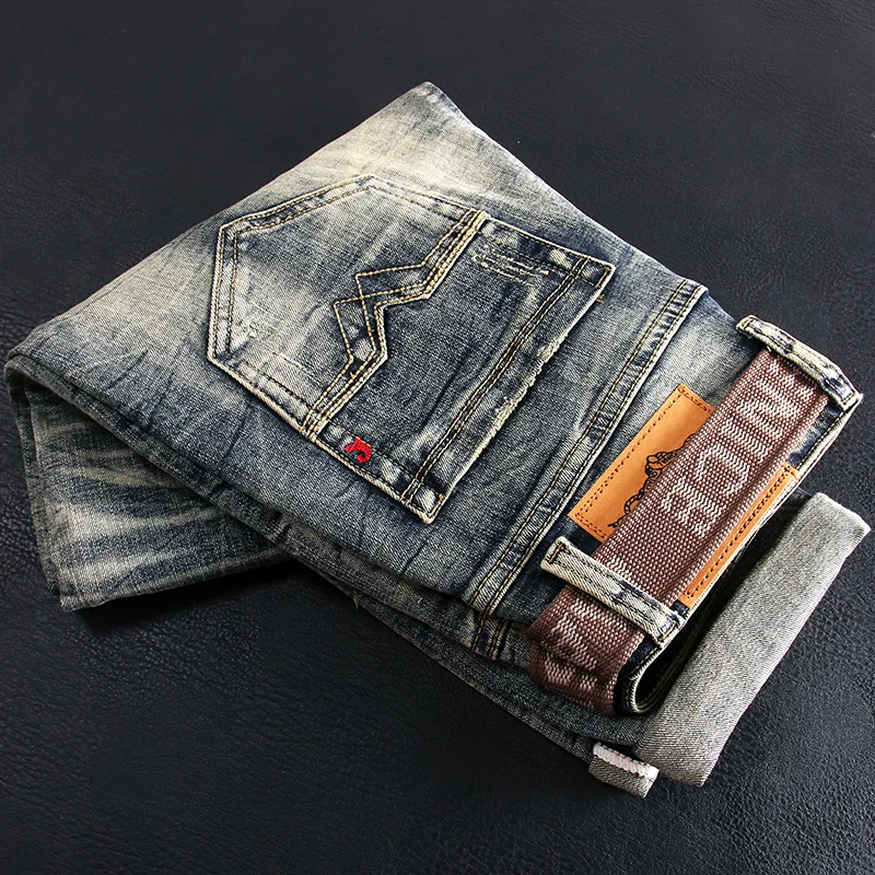 

Italian Style Fashion Men Jeans High Quality Retro Wash Elastic Slim Fit Vintage Designer Jeans Men Stretch Casual Denim Pants