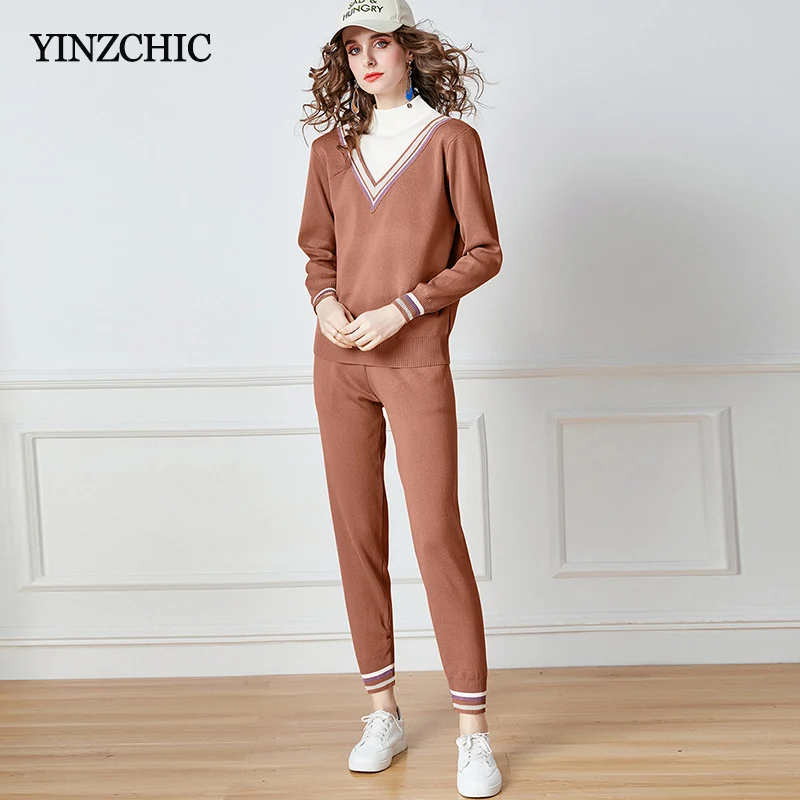 

New Womans Knitted 2pcs Suit Half Turtleneck Sweater & Pencil Long Pants Sets Casual Female Warm Knit Sweater Pants Suits