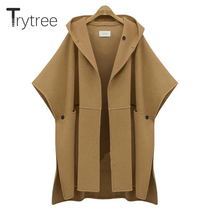 

Trytree Autumn Winter Women Cloak Coat Casual Solid Pockets Buttons Hooded Batwing Sleeve Office Lady Long Loose Blends Coat