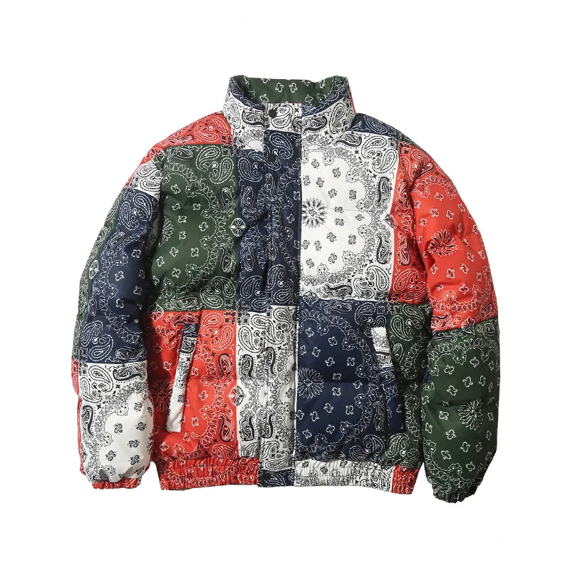 

Unisex Fashion Print Color Block Patchwork Cotton Padded Parkas Men Streetwear Harajuku Hip Hop Winter Thick Puffer Parka Jacket