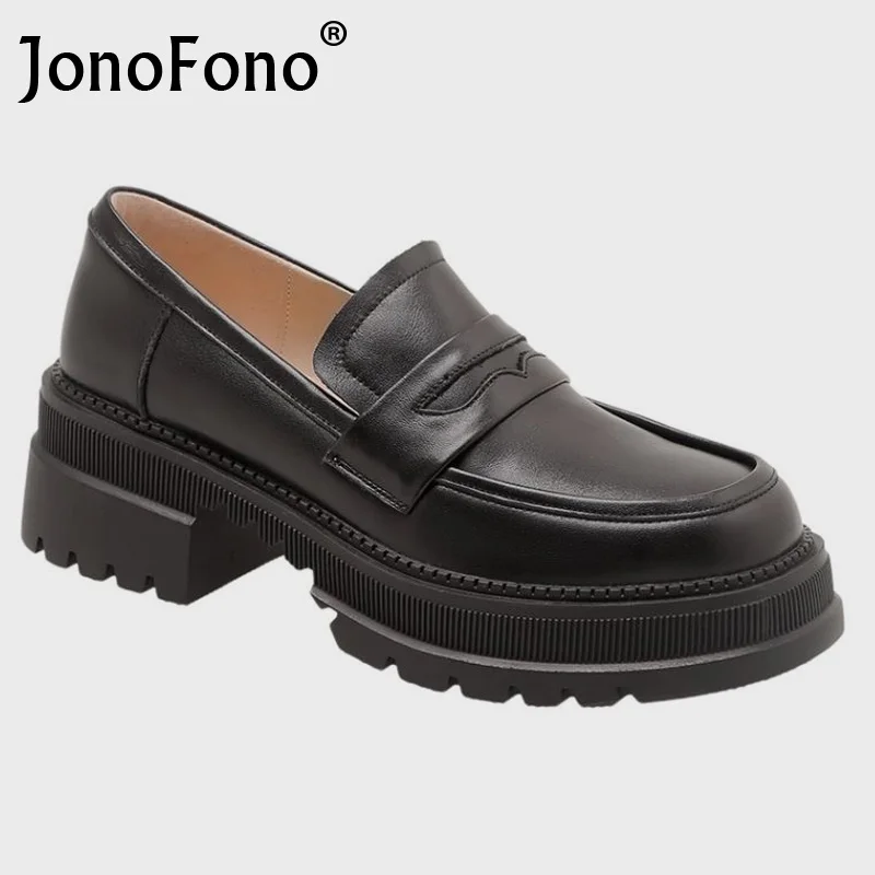 

JonoFono Real Leather Pumps For Women Shoes Slip On Shallow Thick Heels Casual Student Spring Ladies Footwear Size 34-40
