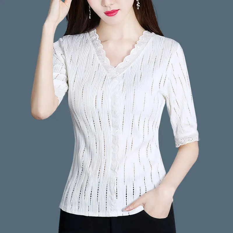 

Fashion Hollow White T-shirt Women's Short Sleeve 2021 Summer Blouses New V-neck Pullovers Tops