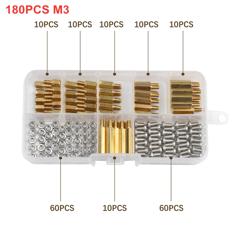 180PCS M3 300 шт. M2/M3/M4 Шестигранная латунная медная стойка, шестигранная стойка, крепежный инструмент, набор для машины, автомобильный комплект - Цвет: 180PCS M3