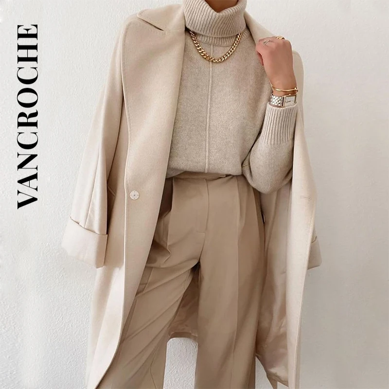 

VANCROCHE Beige Wide Legs Pants Korean Women Cropped Casual Ladies Office Wear Slim Fashionable Formal Classic Woman Trousers