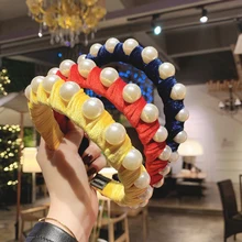 Grands bandeaux en velours uni avec perles pour femmes et filles, Large bandeau enveloppé de couleur bonbon, accessoires pour cheveux  (4)