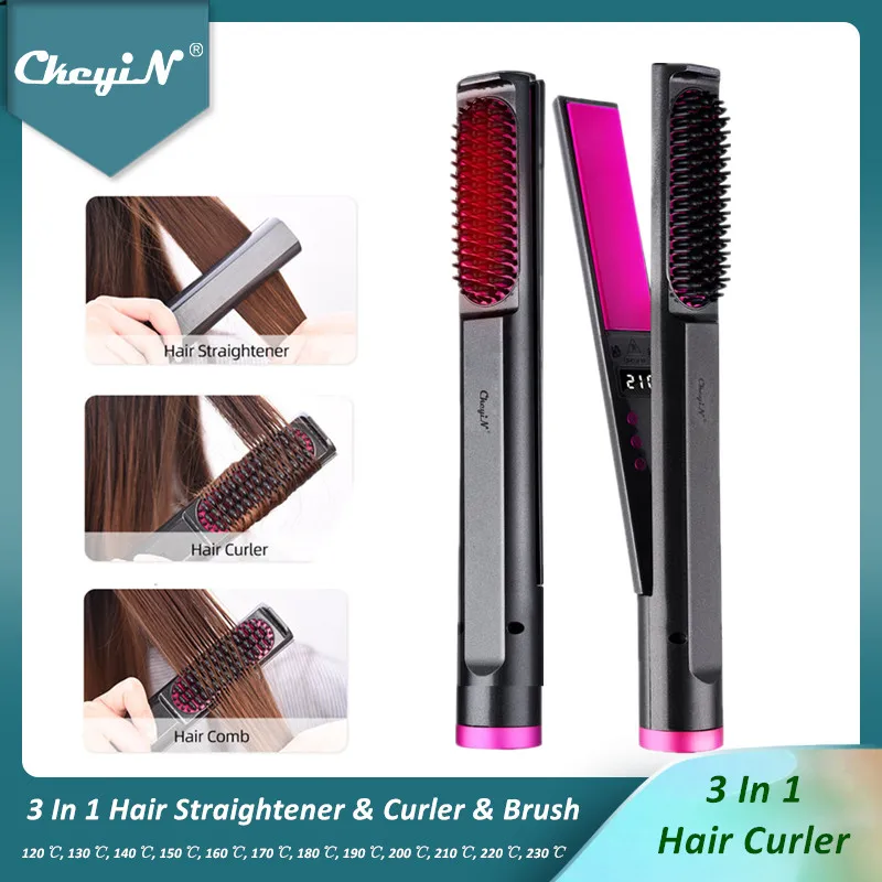 

CkeyiN 3IN1 Hair Curler Straightener Brush Comb LED Display Curling Wand Flat Iron Hair Styling Tools 12 Adjustable Temperature