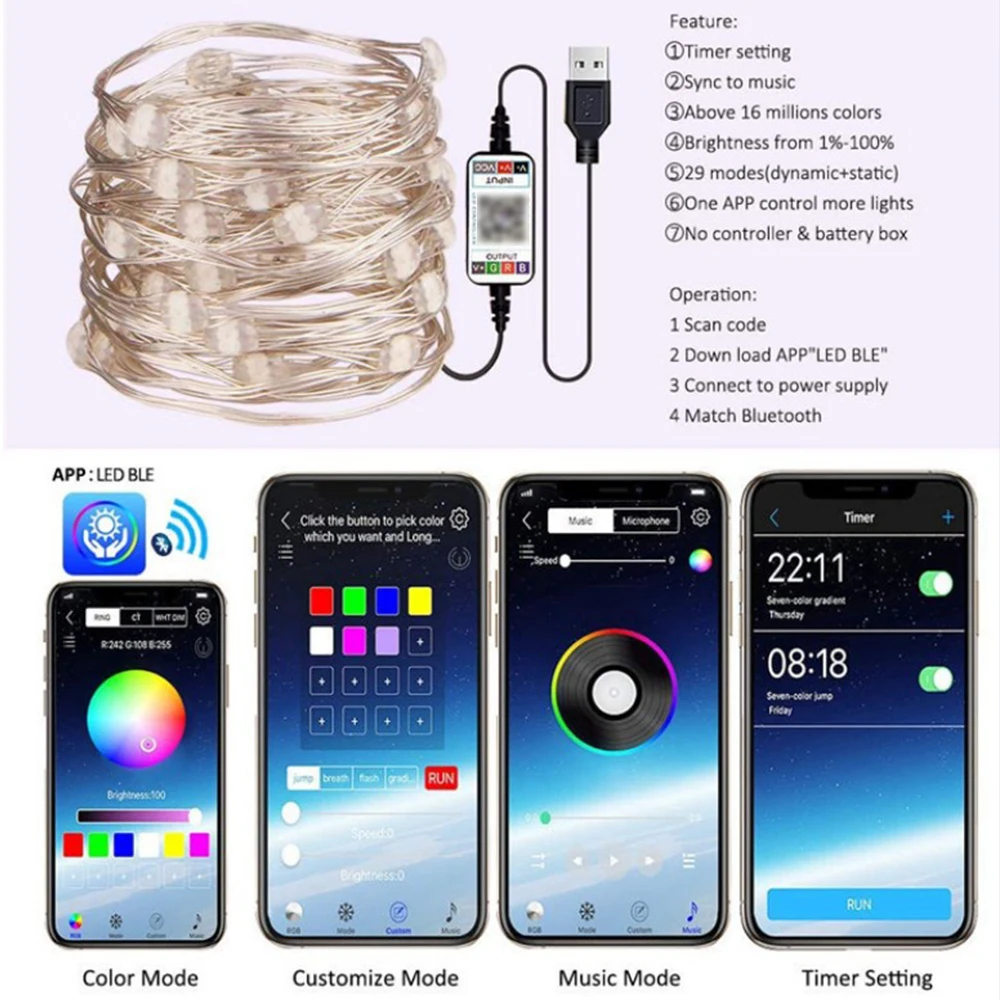 

LED String Light USB Bluetooth App Control Copper Wire String Lamp Waterproof Outdoor Fairy Lights for Christmas Tree Decoration