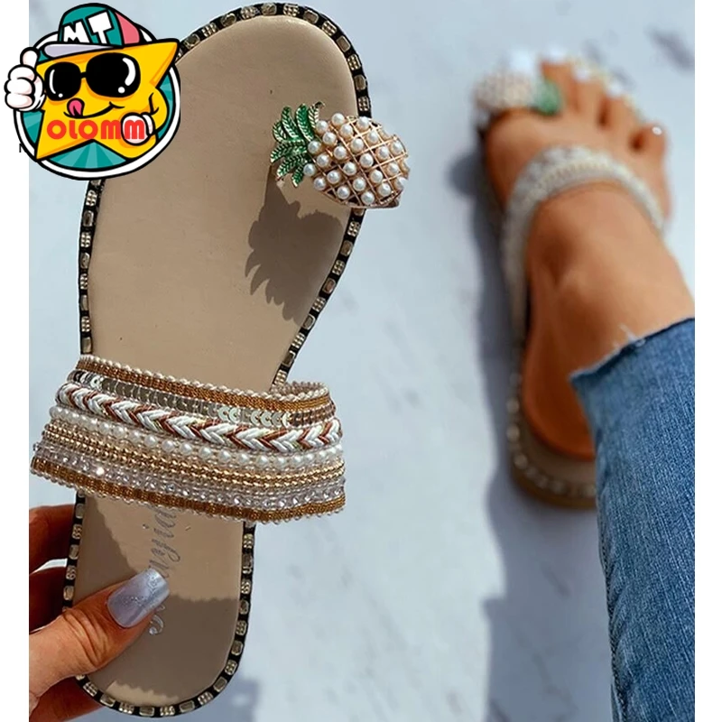 

2020 Hot Bohemia Style Slippers For Women Beach Slides Flip Flops Clip Toe Pineapple Fruit Cute Vacation Bead Slipper