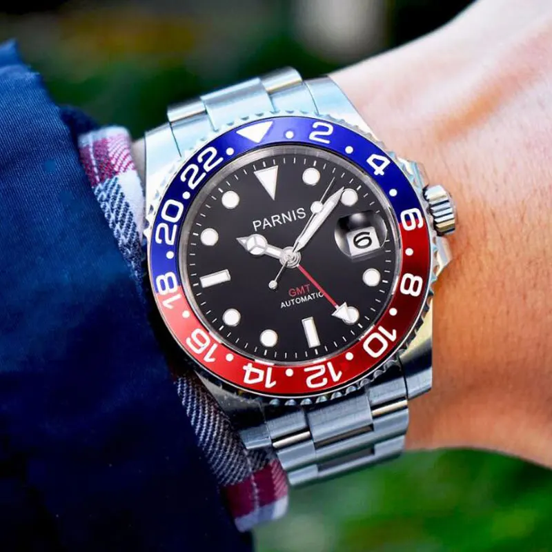 

Parnis 40mm mens Luxury Watch Luminous Sapphire glass Ceramic bezel GMT Automatic mechanical watches