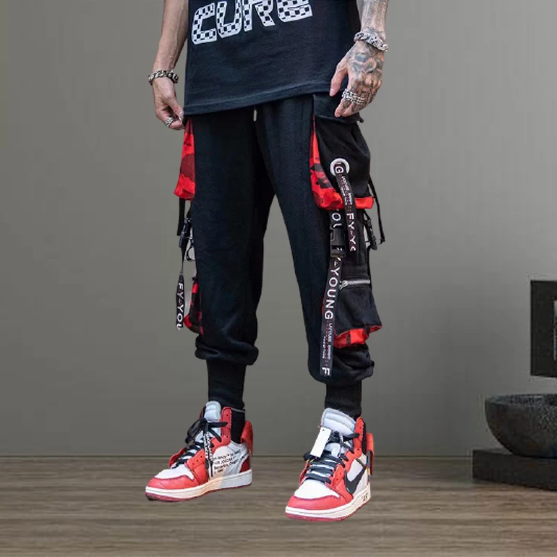 

New Men Sport Streetwear Letter Ribbons Cargo Pants Pockets Track Tactical Casual Techwear Male Trousers Tie Feet Pants