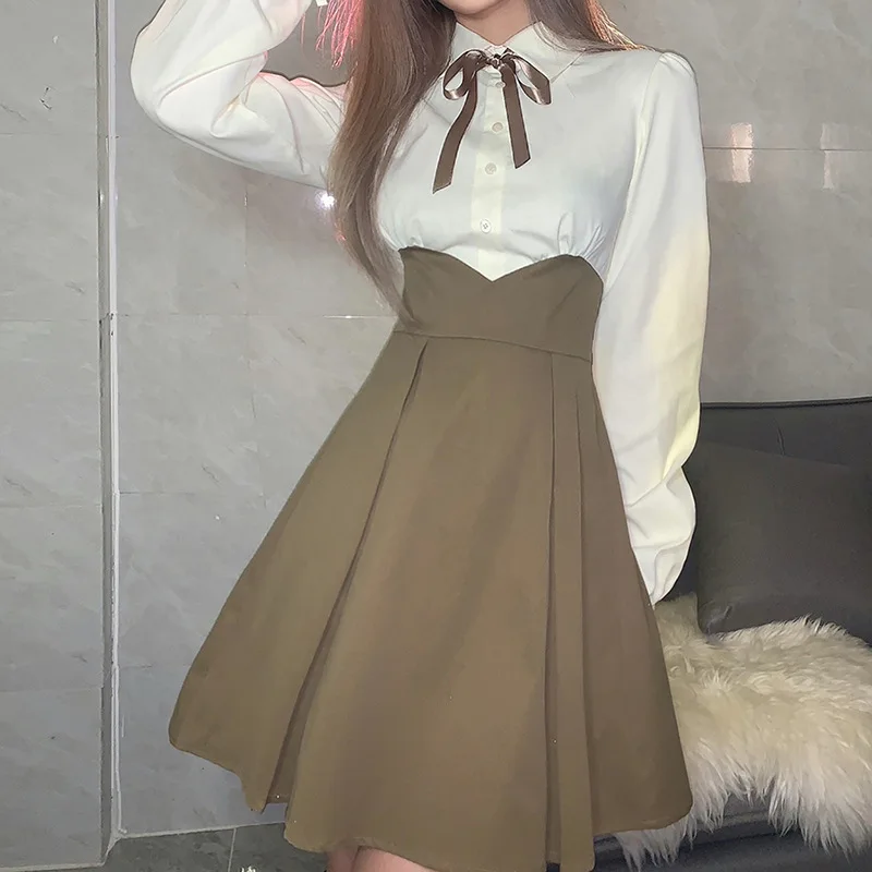 

Dress for Women 2021 High Waist Slimming Fashion Ruffled Contrast Color Lapel Long-sleeved Dress Women College Style Party Dress