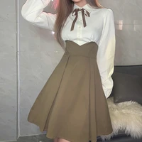 dress for women 2021 high waist slimming fashion ruffled contrast color lapel long sleeved dress women college style party dress