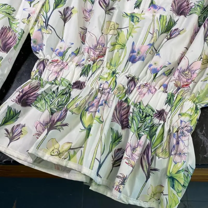

2021New Summer Fashion Casual Long Sleeve Zipper Print Flower Waist Thin Coat Shorts Suit Women SD153