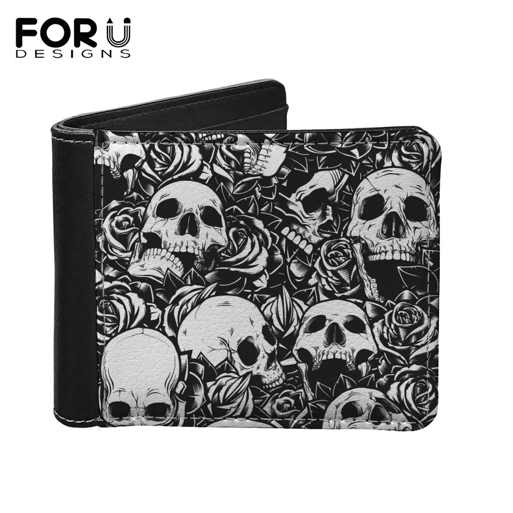 

FORUDESIGNS, черные крутые мужские кожаные кошельки с принтом черепа, новинка 2021, маленький кошелек для монет, мужской двойной карман, мини-держат...