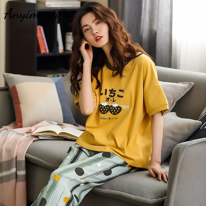 

100% Cotton Pijamas Women Long Pants Short Sleeved Cute Homesuit Japanese Words Strawberry Printing Soft Sleepwear for Summer