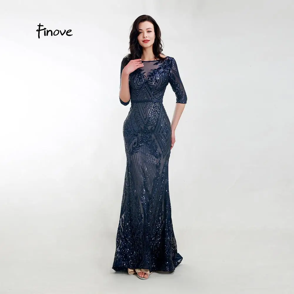Женское вечернее платье с блестками Finove Элегантное Длинное темно синее