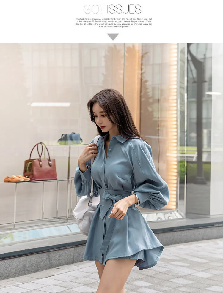 

Summer Women's Fashion Two-Piece Lantern Sleeves Turn-Down Collar Bow Lace-Up Long Shirt + Short Pant Two-Piece Set