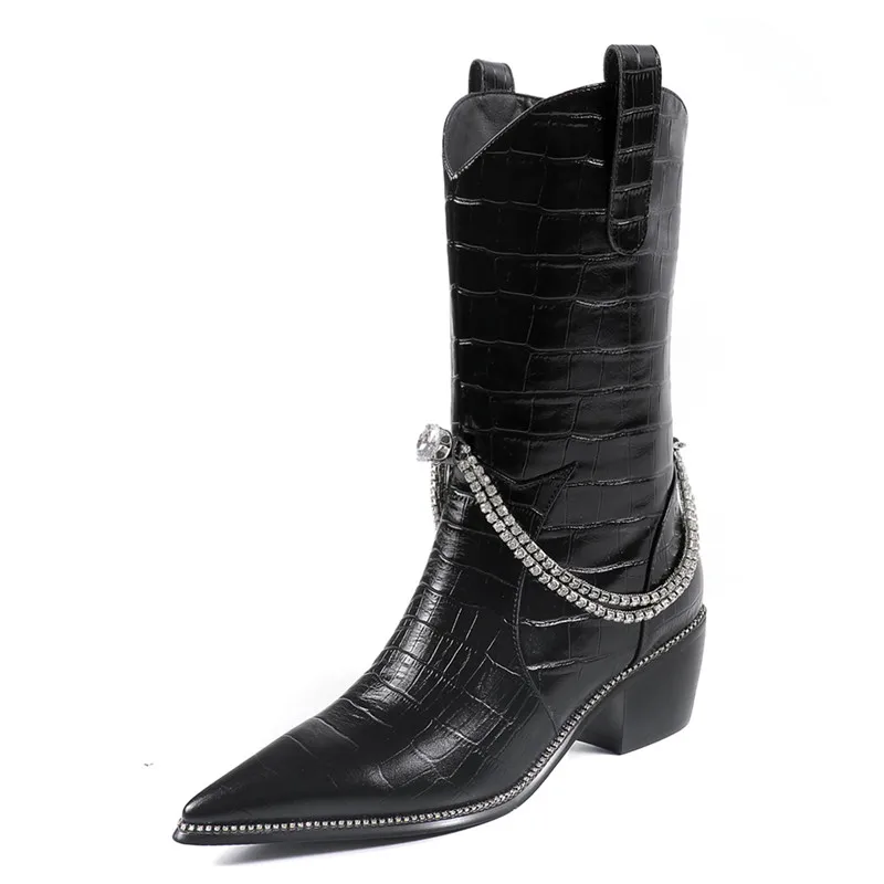 

Mobetty Leather Belt Pointed Crystal Chain Western Women Boots Dazzling Gem Thick High Heel Ankle Boots Slip-On Botines Mujer