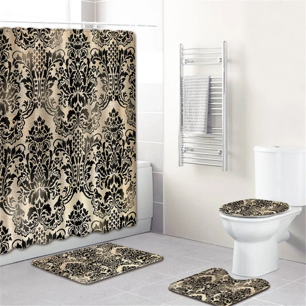 

Floral Decor Bathroom Set with Shower Curtain and Bath Mat Set 4pcs/set Flannel Non-slip Toilet Mat Rug Bathroom Accosories Set