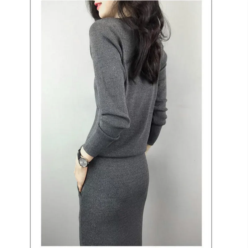 

Autumn Winter Korean Solid Color V-neck Splicing Sweater Women's Middle-waisted Slimming Temperament Versatile Mid Length Dress