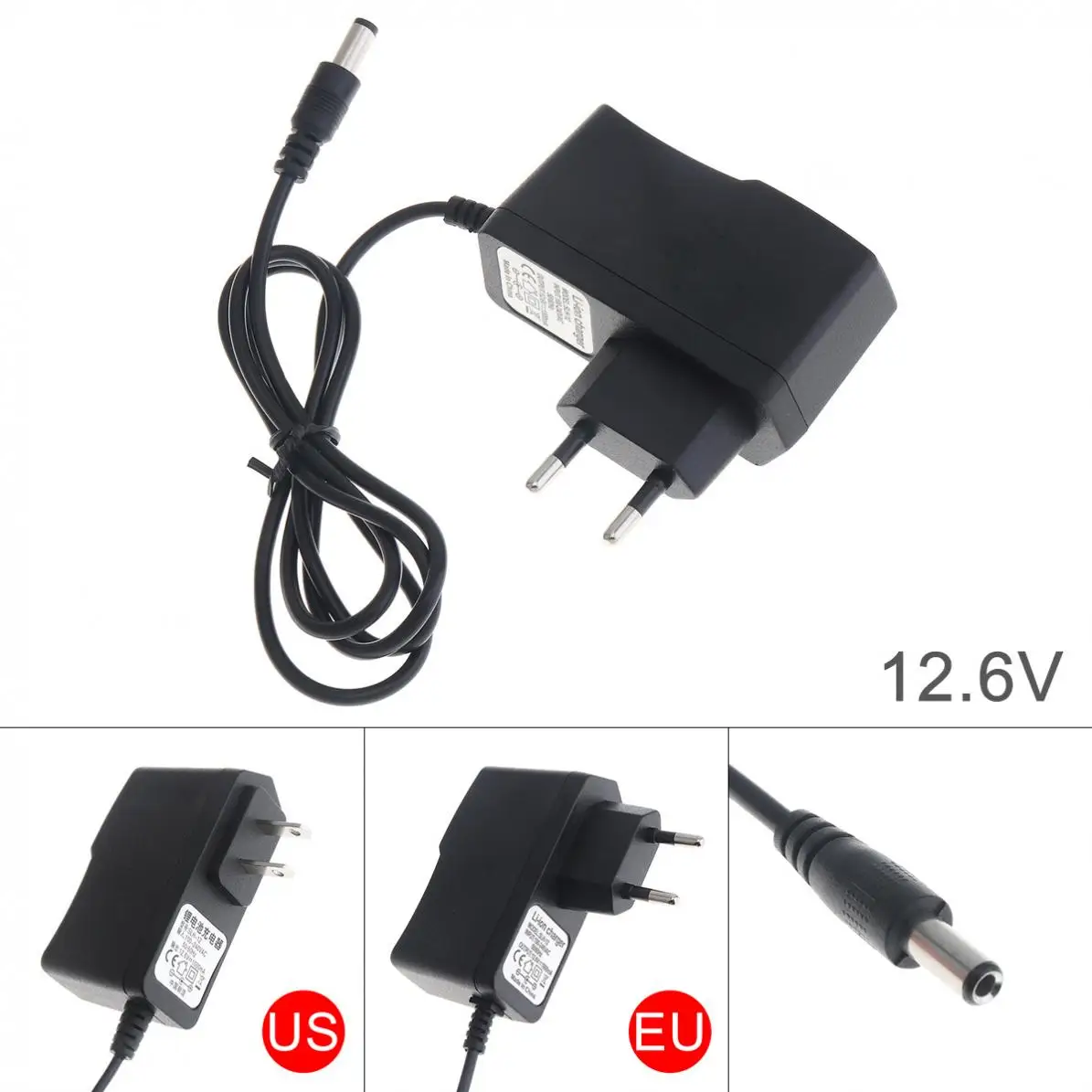 110cm 12.6V Power Adapter Charger with EU Plug and US Plug for Lithium Electric Drill /Electric Screwdriver