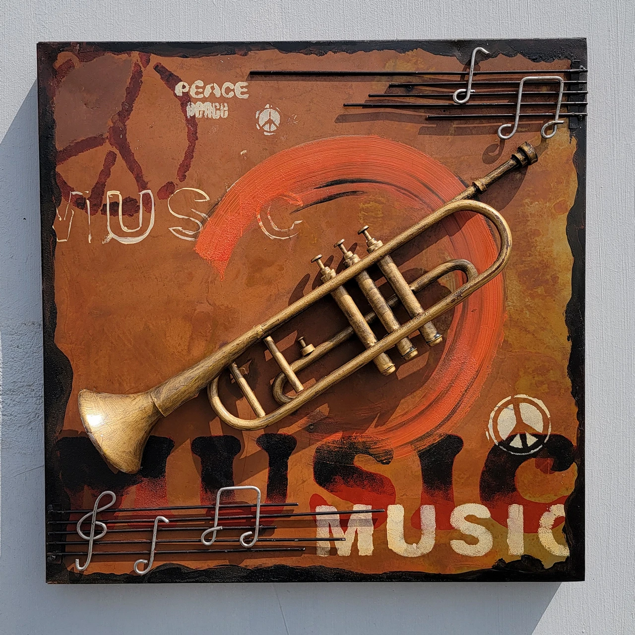 

Iron Handicrafts Hand Welding Hand Cutting Home Decoration Wall Hanging Iron Hanging Picture Trumpet Three Dimensional Picture