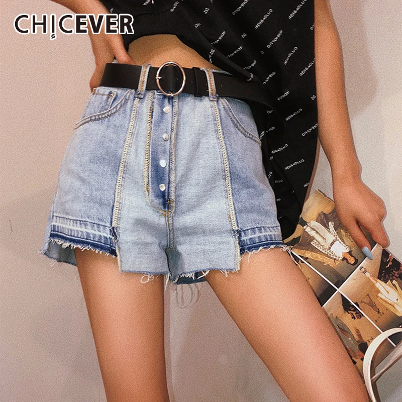 

CHICEVER Elegant Patchwork Tassel Irregular Denim Short For Women High Waist Slim Shorts Female Summer Fashion Clothing 2021 New