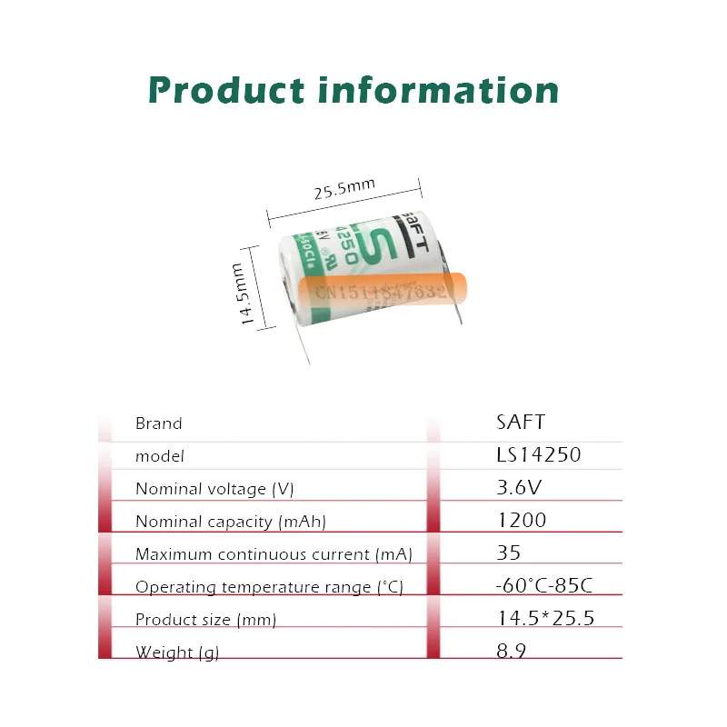 2 шт./Лот Новый оригинальный SAFT LS 14250 LS14250 1/2 AA 1/2AA 3 6 В 1250 мАч ПЛК литиевая батарея с