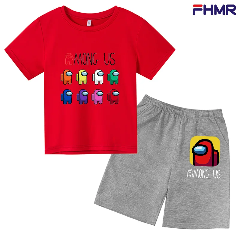 

2021 Summer Game Among-Us Cartoon printing T Shirt Children Tracksuits for Girls Baby Boys Sport Suit Costume Tops Pants Set