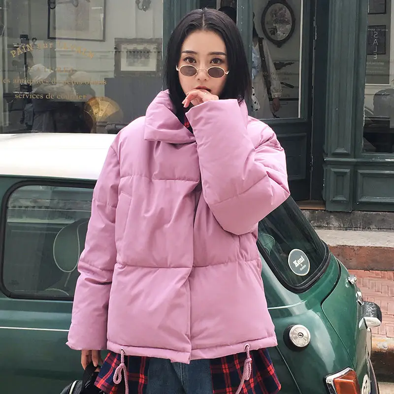 Pink purple Корейский стиль, зимняя куртка и пальто для женщин, однобортные пуговицы, короткая стеганая верхняя одежда, Женское пальто, модные куртки-пузырь - Цвет: Pink purple