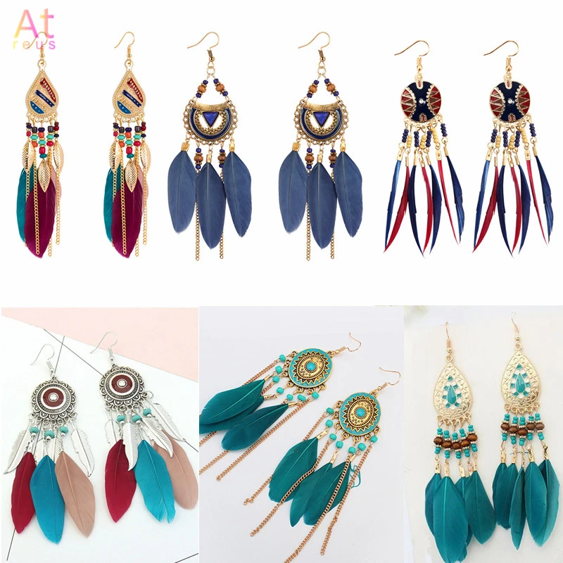 Стильные богемные серьги с перьями и длинной кисточкой круглые капли для женщин