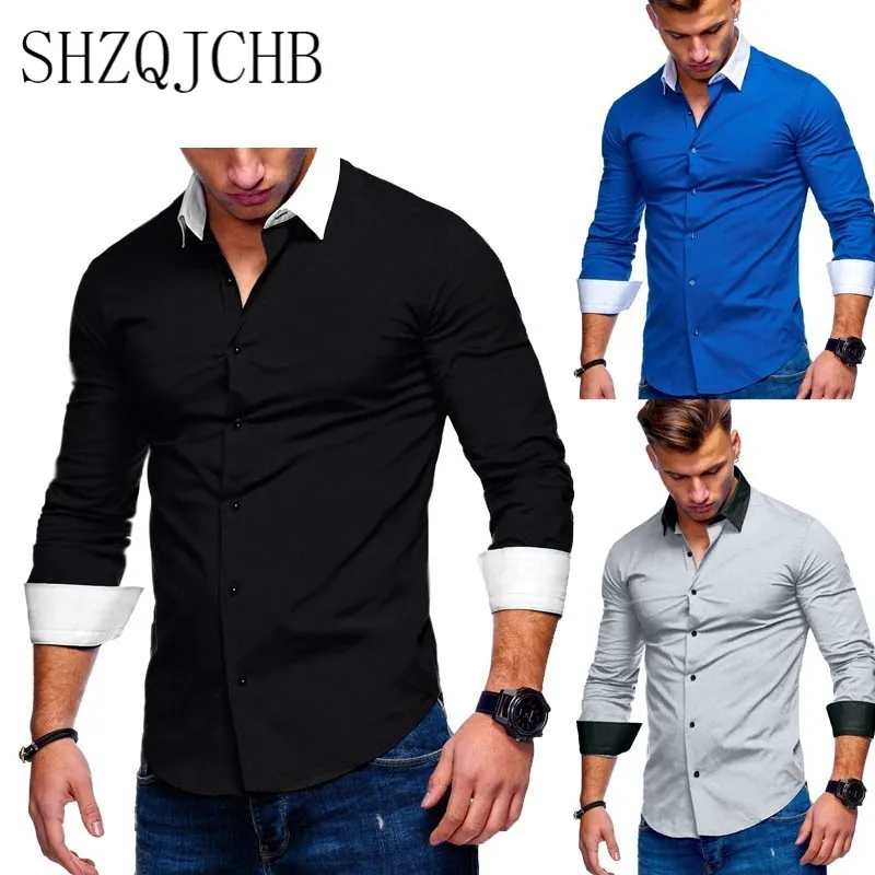 

New 2021 Men's Slim Fit Casual Shirt Long Sleeve Basic Shirt Tops Male Black Blue Slim Fit Shirt Business Shirts M-2XL