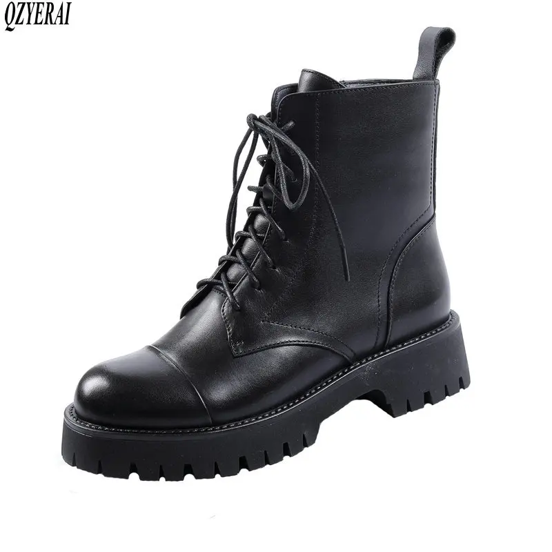 

QZYERAI Autumn winter new Martin boots leather thick heel thick soles casual boots Europe America lacing round head ankle boots